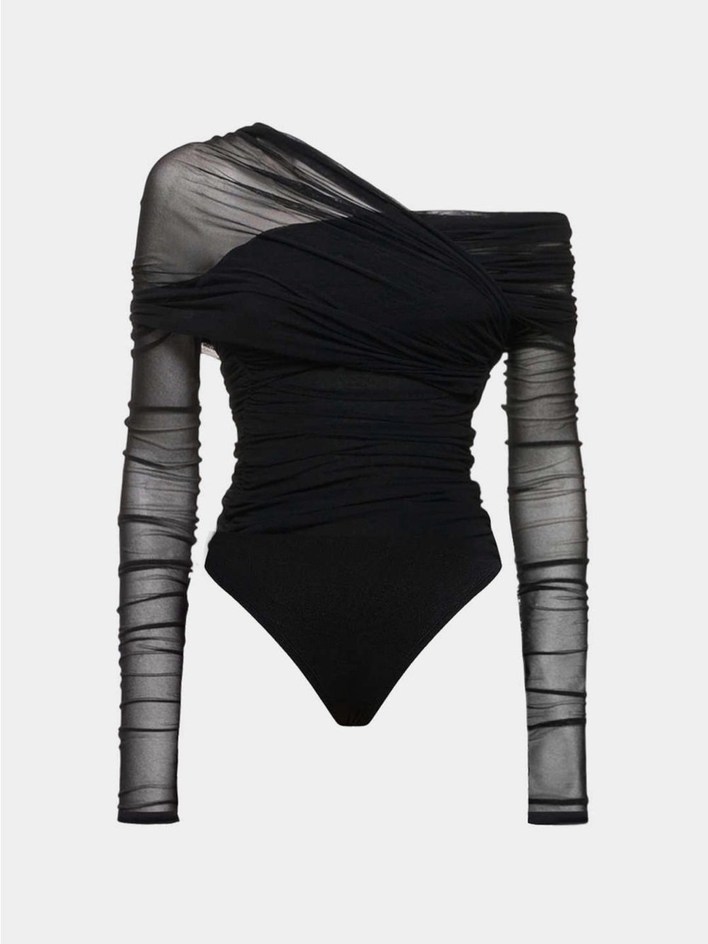 Mesh Ruched Black One-Shoulder Sheer Sleeve Bodysuit